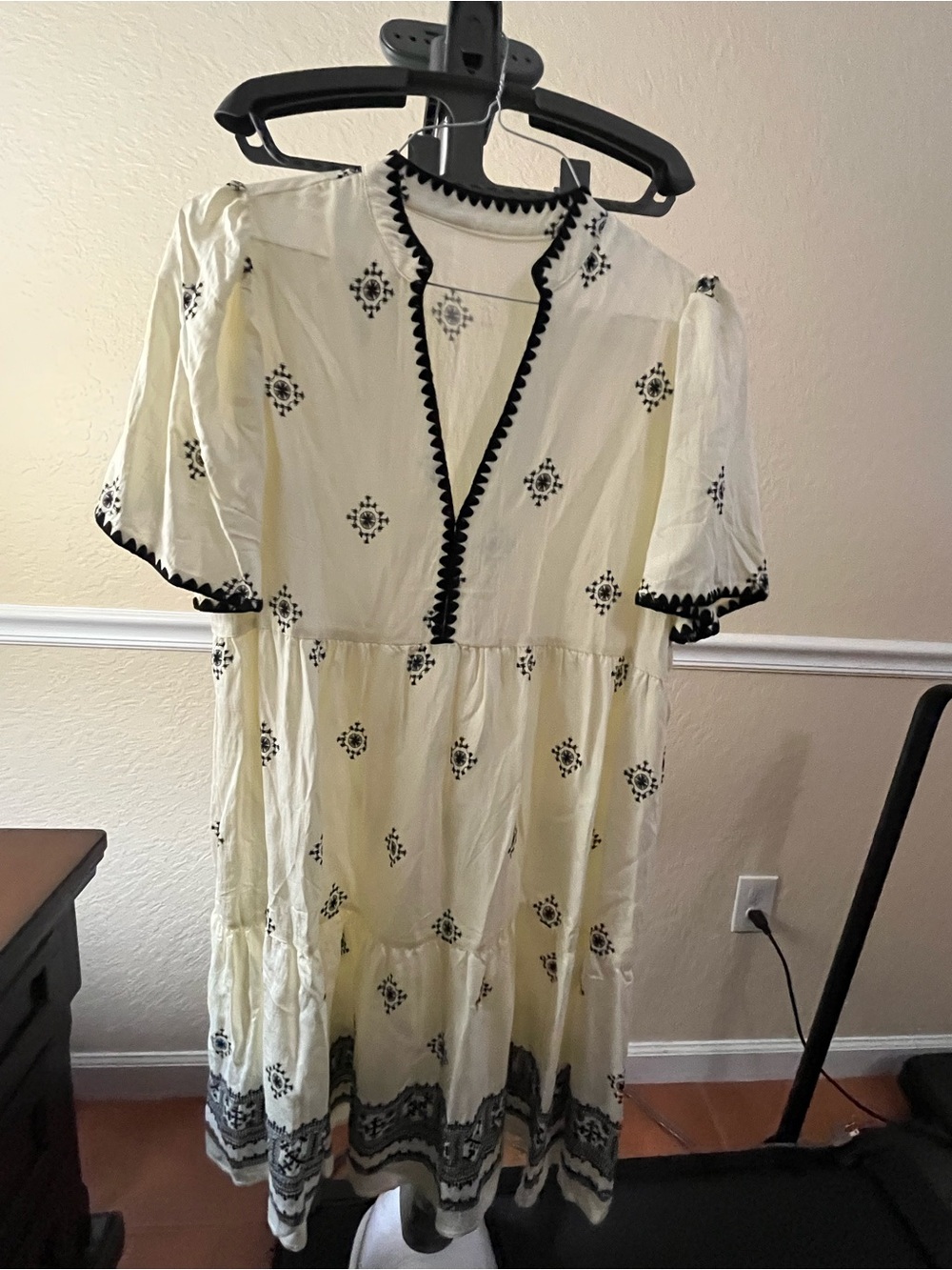 Ivory Embroidered Tiered Dress with Black Trim